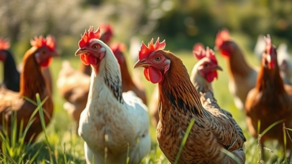 H5N1 bird flu outbreak impact on free-range chickens in pasture.
