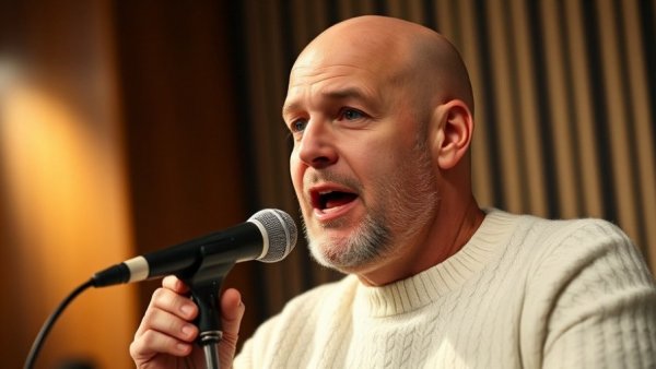 Bald man speaking into a microphone for medspa marketing.