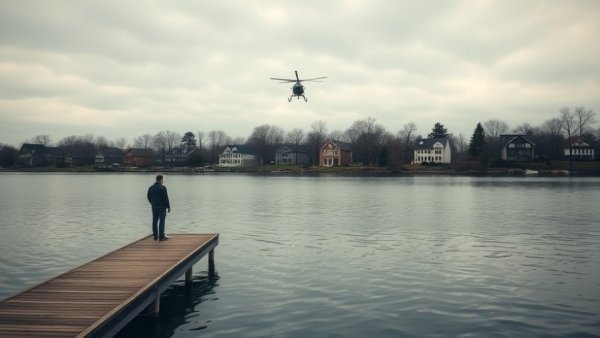 Lakeside scene with person on dock, helicopter in background.