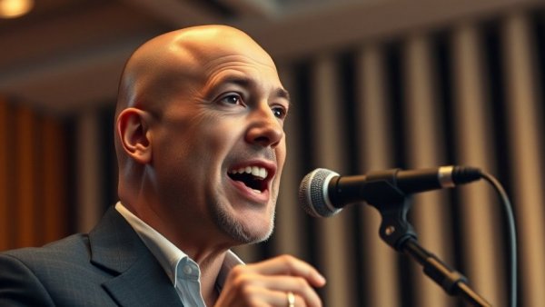 Medspa marketing expert speaking passionately into a microphone indoors.