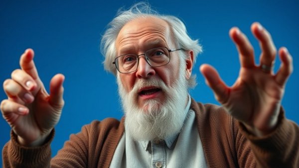 Elderly man gesturing with belief under studio lights.