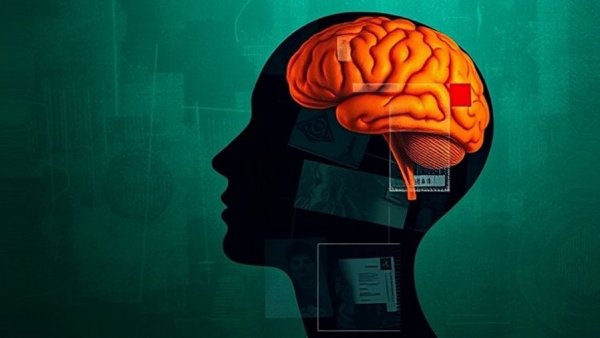 Collage of silhouette head with brain on green background, AI brain fry concept.