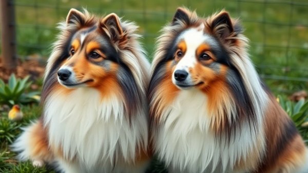Two side-by-side Shetland Sheepdogs outdoors, highlighting their fluffy coats.