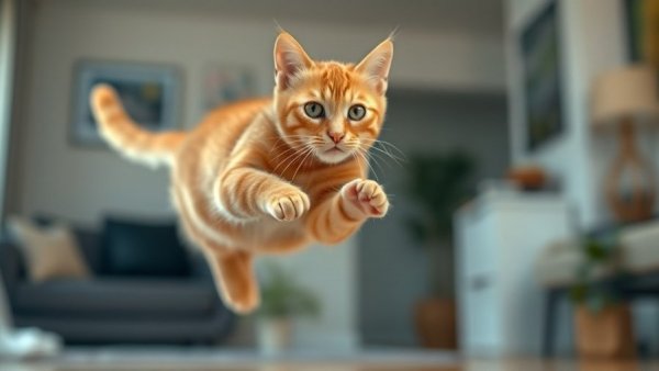 Ginger cat leaping indoors, illustrating mobility improvement.