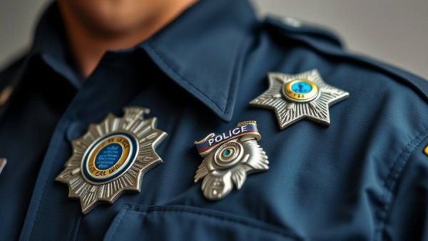 Police department updates: Close-up of uniform badges.