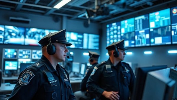 Building Digital Trust in Policing command center with officers at screens.