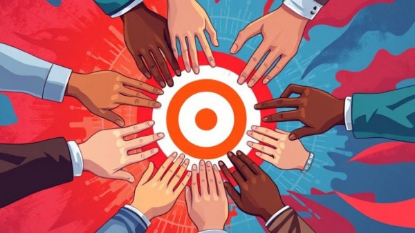 Hybrid Model in In-House PPC Management concept with team hands stacked over a target.