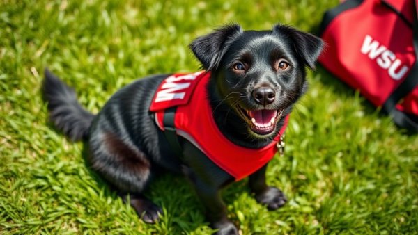 WSU veterinary pacemaker implantation success: Happy dog in red vest on grass.