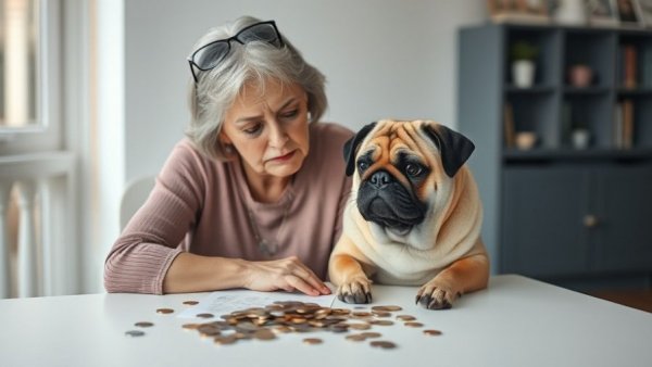 Worried older woman with pug and coins on table, contemplating pricing strategies.