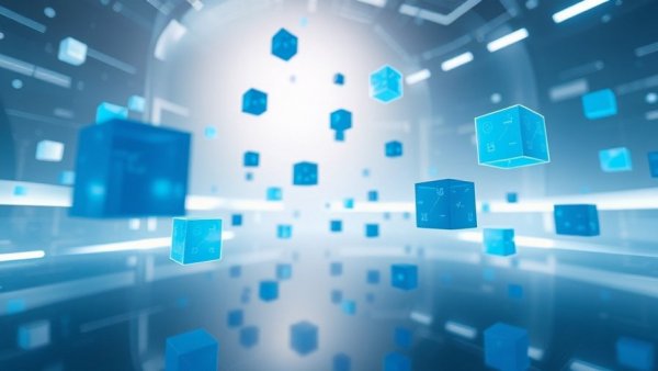 Abstract digital cubes in serene blue environment, enhanced llms.txt architecture.