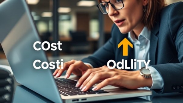 Leadership in veterinary clinics: professional at laptop with cost and quality arrows.