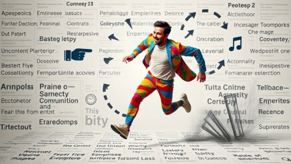 Dynamic illustration of a man running with text background and arrows.