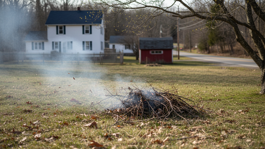 Quiet spring scene in a New York village showing fire risk with dry grass and smoke.