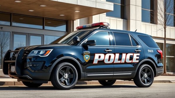 Police vehicle parked outside department building recruiting female officers.