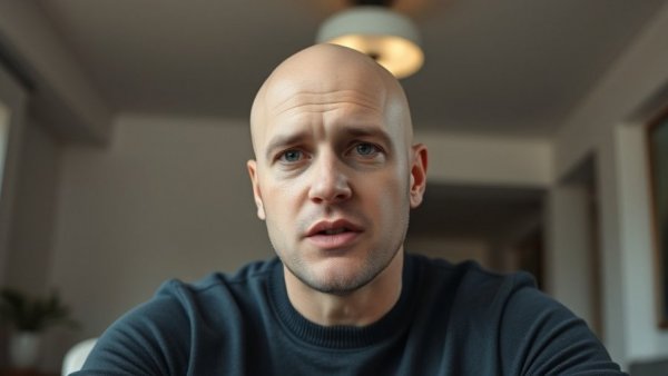 Medspa marketing discussion by seated bald man indoors.