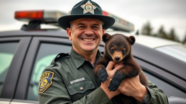 N.J. state trooper smiling while holding bear cub in front of patrol car.