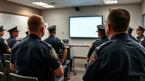 Police officers receiving training on ethical leadership in law enforcement.