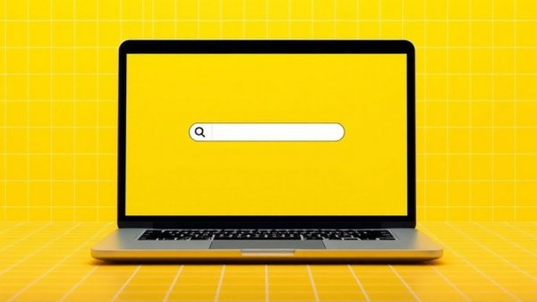 Retro laptop with search bar on yellow background, Search Engines Market Share 2026.