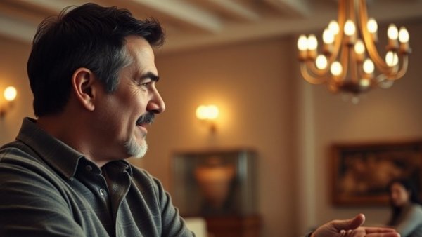 Man discussing efficiencies in modern indoor setting, medspa marketing.