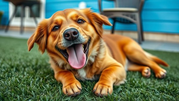 Large dog adoption barriers: playful brown dog on turf.