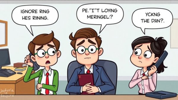 Three office workers puzzled by ringing phone, illustrating customer service phone etiquette.