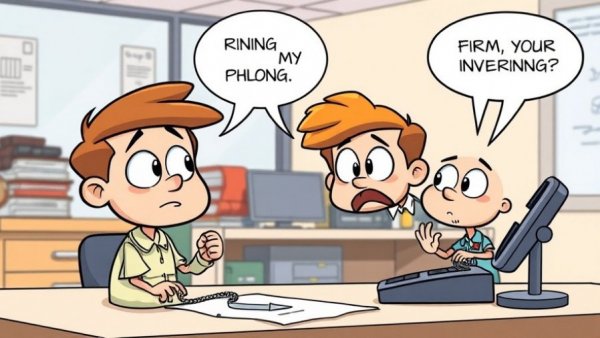 Cartoon of office workers puzzled by a ringing phone, highlighting customer service role.