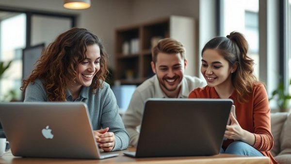 Young professionals collaborating on laptops, AI-driven search authority