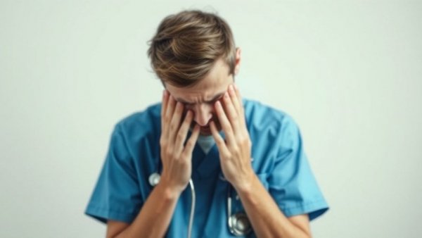 Veterinary professional identity, stressed vet with head in hands, stethoscope focus.