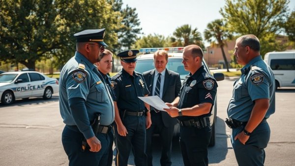 Police officers discussing a plan in a parking lot for safety.