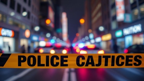 Police scene with caution tape and blurred city lights