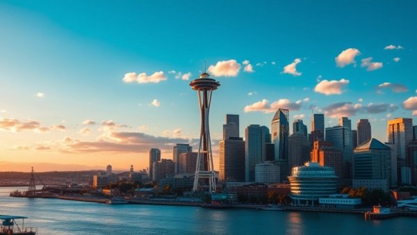 Downtown Seattle Space Needle panoramic aerial view under golden evening light.