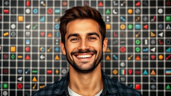 Confident man with graphic elements on a grid, related to medspa marketing.