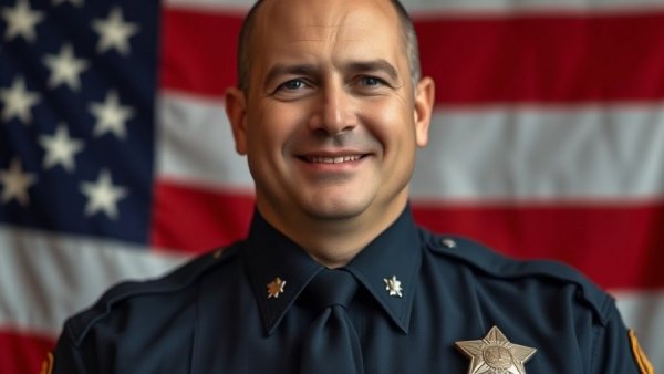 Police officer in uniform, American flag backdrop, solemn tribute.