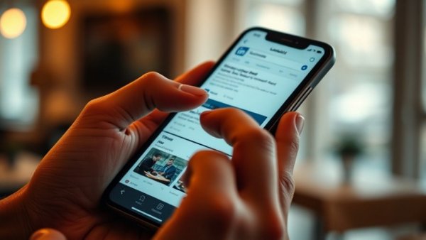 Person using LinkedIn on smartphone, emphasizing LinkedIn algorithm for veterinary clinics.