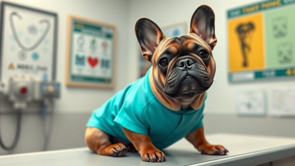 French bulldog on vet table discussing comorbid conditions.