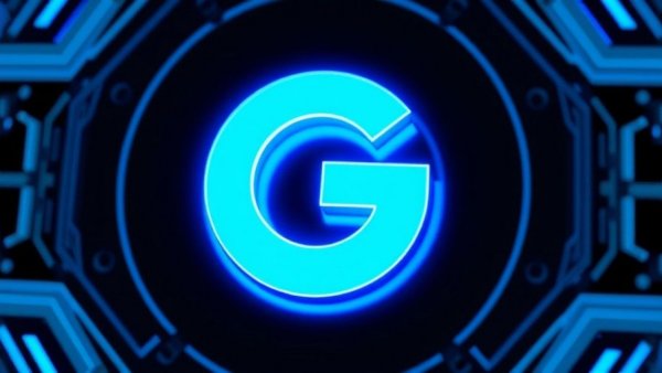 Google Search Evolution depicted with glowing logo in blue light.