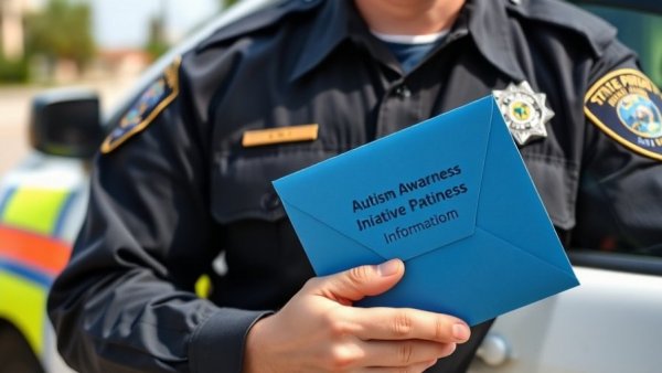 Police officer showing autism awareness blue envelope program.