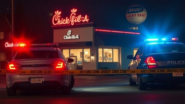 Chick-fil-A mass shooting scene with police cars at night.