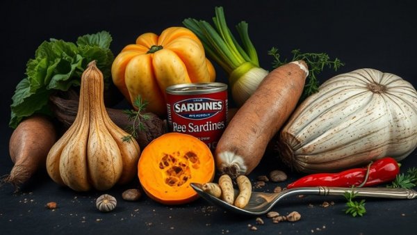 Vibrant vegetables and canned sardines composition, highlighting Sardine Girl craze in vegetable consumption.
