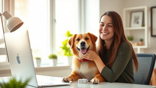 Young woman with dog working at home in a sunlit room.