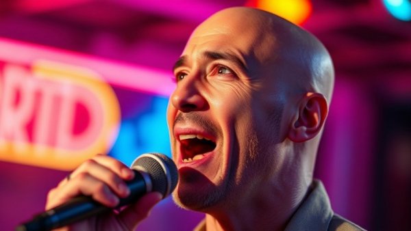 Bald man speaking into microphone, vibrant neon background, medspa marketing