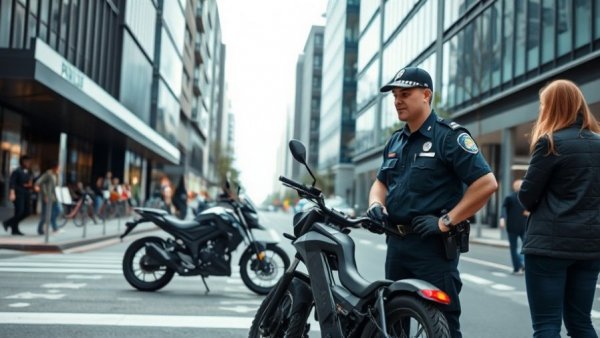 Police officer addresses e-bike safety concern on city street.