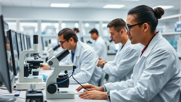 Researchers using AI in drug discovery at a lab