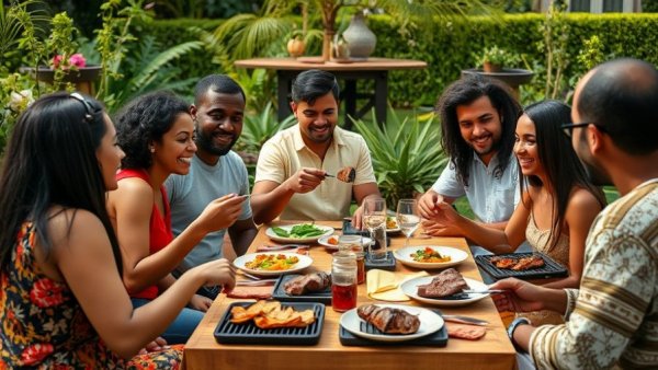 Friends enjoying grilled meat outdoors, promoting healthy eating for Alzheimer's prevention.