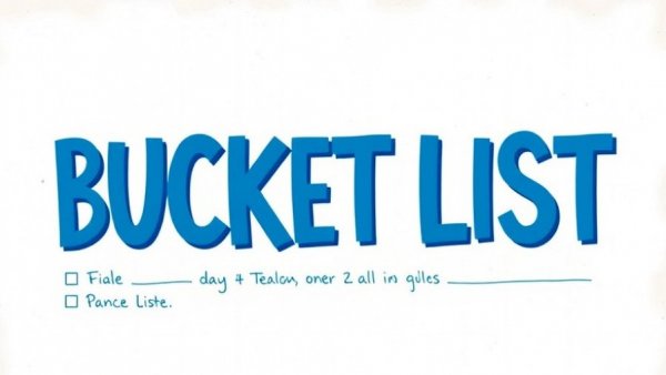 Illustrated bucket list with a blue bucket and paper background
