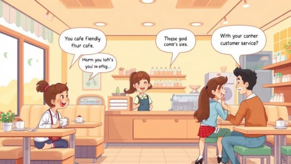 Whimsical cartoon cafe scene illustrating CX strategies in service.