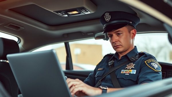 Police officer uses laptop in patrol car, public safety tech.