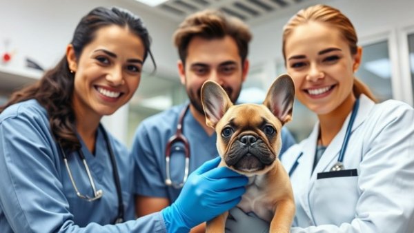Veterinary graduates examine a French Bulldog puppy in a clinic.