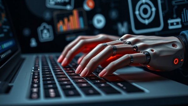 Hands typing on keyboard with digital icons, depicting Google's Product Feed Strategy.