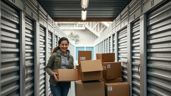 Organizing storage unit for side hustles, people managing boxes.